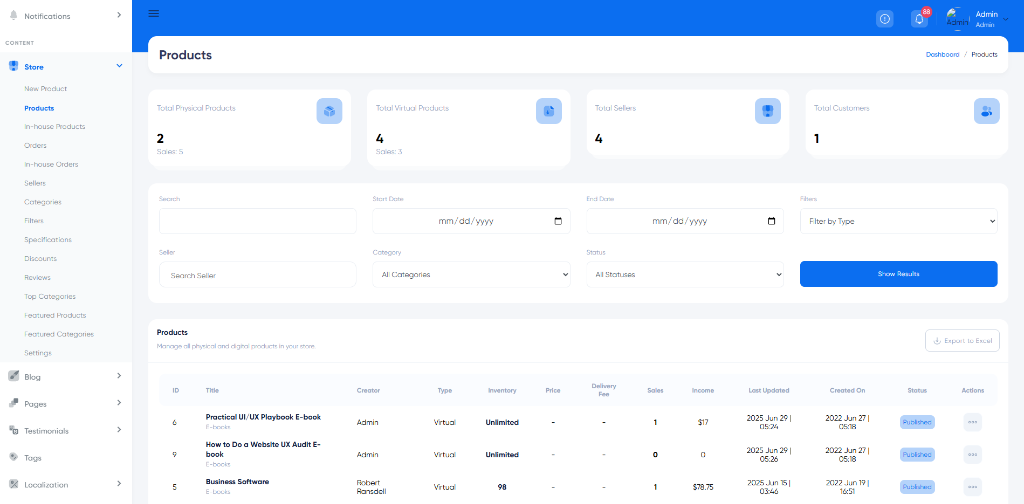 Rocket LMS Products Dashboard Management